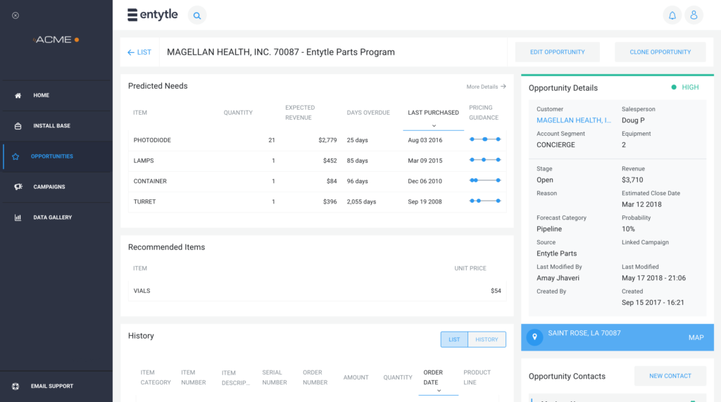 Entytle’s Predictive Opportunities are delivered directly to OEM sales and service reps, with all the information they need, eliminating manual and tedious account research and ensuring high conversion rates.